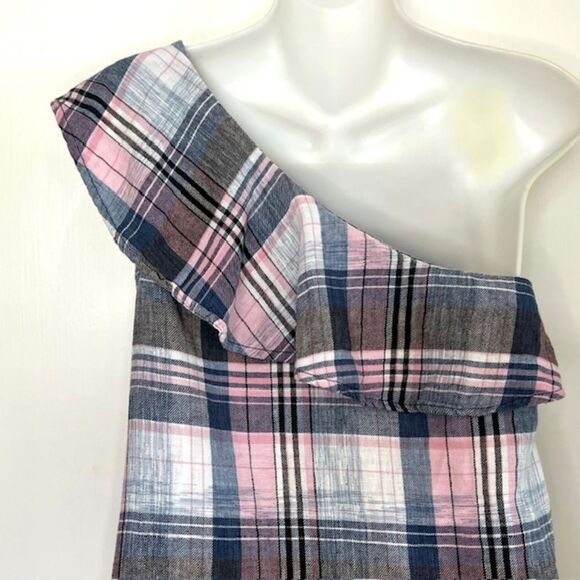 ANTHRO CLOTH & STONE PINK & BLUE PLAID ONE SHOULDER LINEN BLEND TOP SIZE LARGE - Picture 10 of 11